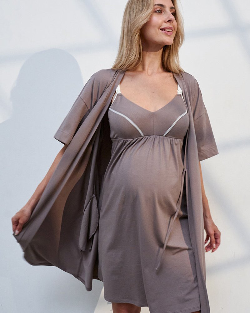 Kimono robe with pockets for pregnant women and nursing mothers in Violet greige color